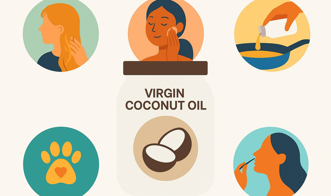 Infographic showing various uses of virgin coconut oil including hair care, skincare, cooking, pet care, lip care, and oil pulling.