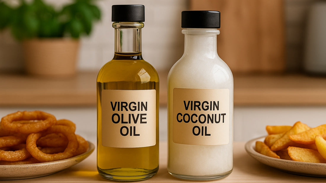 Virgin olive oil and virgin coconut oil bottles side by side with fried onion rings and potato wedges in a kitchen setting