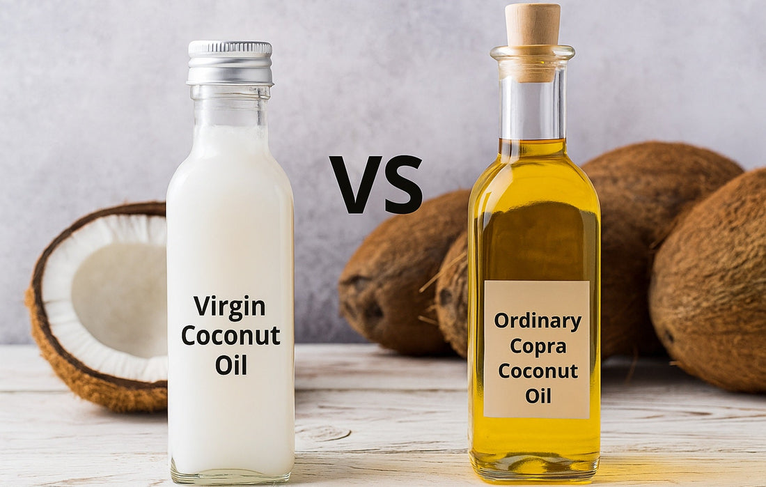 Virgin coconut oil vs ordinary copra coconut oil in glass bottles with raw coconuts on rustic background