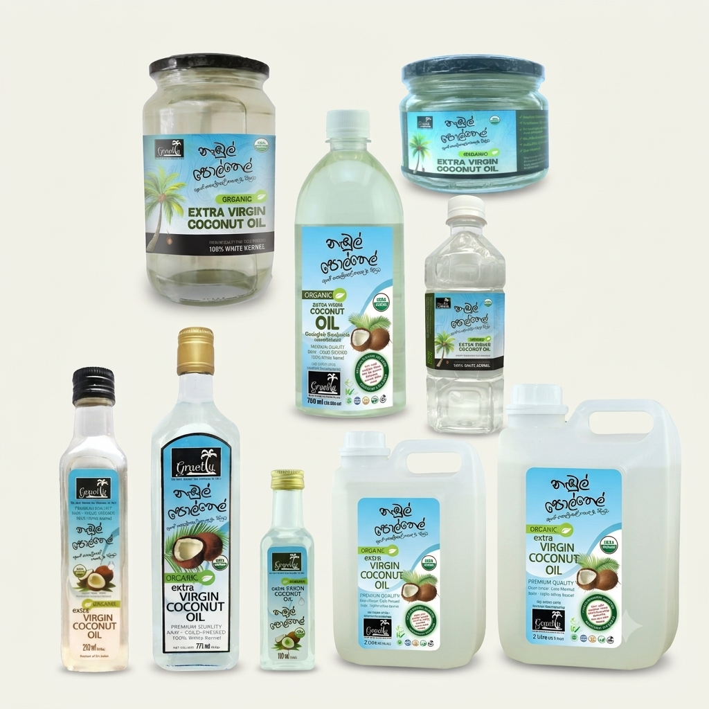 Collection of organic extra virgin coconut oil bottles and jars in all available sizes on a clean off-white background.