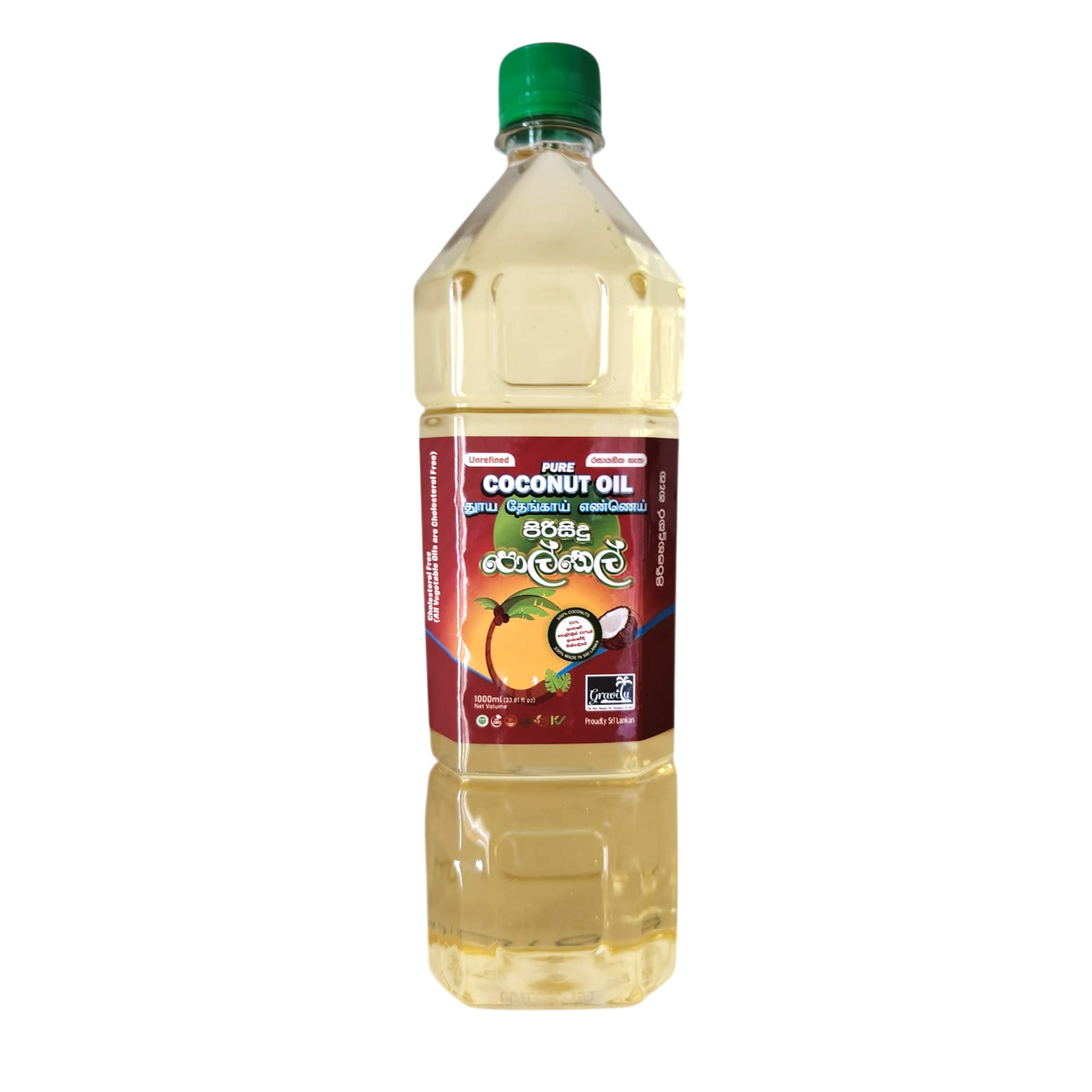 Gravity 1-liter plastic bottle of coconut oil with a green cap and a red label featuring coconut and mango illustrations, set against a plain white background.
