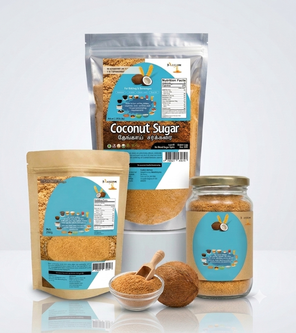 Organic coconut sugar product range featuring a 500g stand-up pouch, 250g kraft pouch, and glass jar on a white background with a bowl of coconut sugar, scoop, and whole coconut.