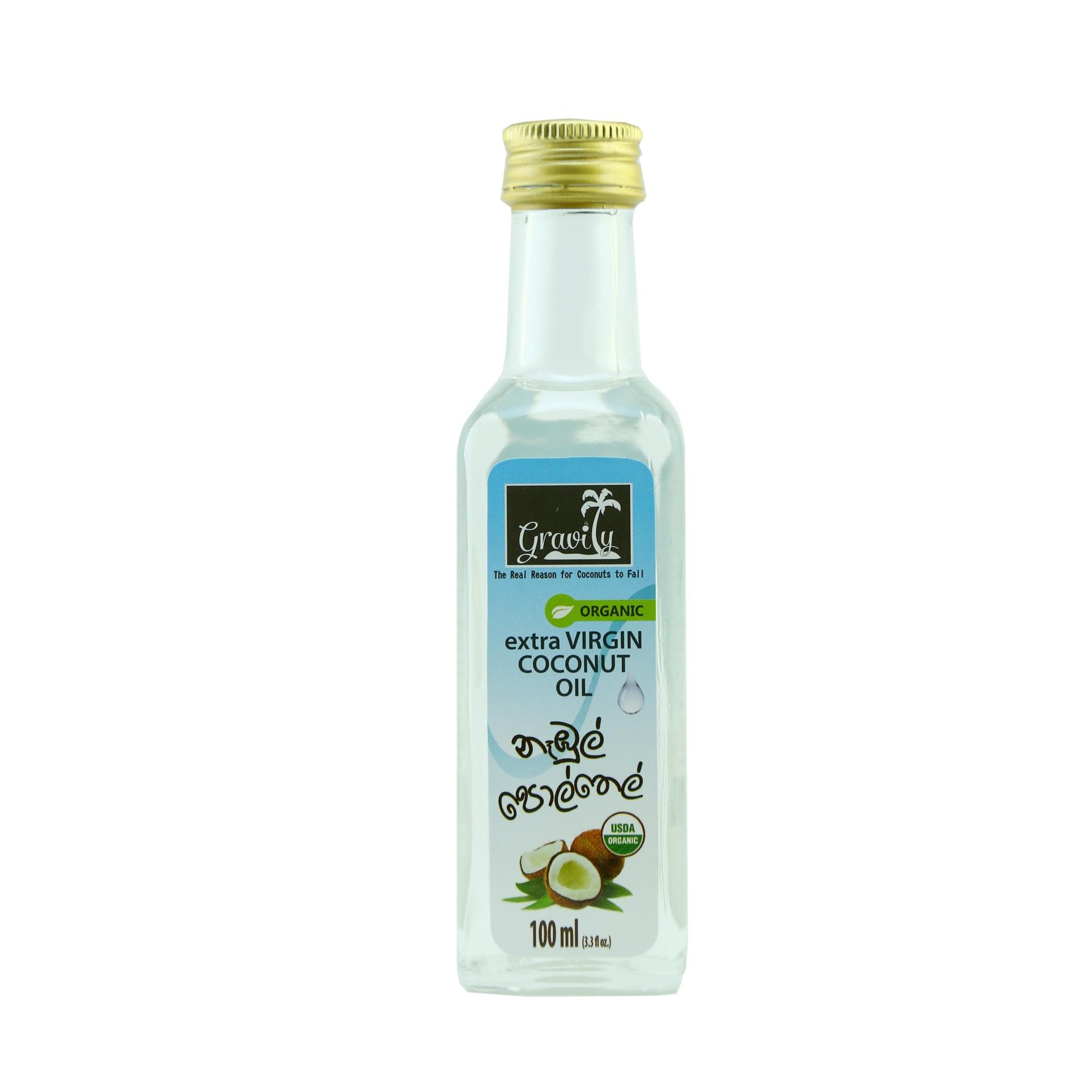 Organic raw cold-pressed extra virgin coconut oil, 100ml glass bottle by Gravity, ideal for cooking, hair, skin, and beauty