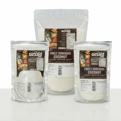 Product photograph against a clean white background displaying three transparent pouches of Blossom coconut products, featuring a larger central bag of Finely Shredded Coconut flanked by smaller packets of Grated Coconut and Finely Shredded Coconut.