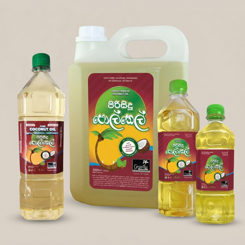 Pure Ceylon coconut oil product range featuring 375ml, 750ml, 1L bottles and 2L,5L can on a clean white background.