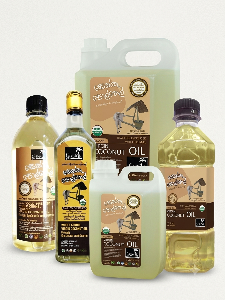 Group display of Gravity brand organic cold-pressed virgin coconut oil in 375ml, 750ml bottles, and 2L, 5L containers on a light grey background.