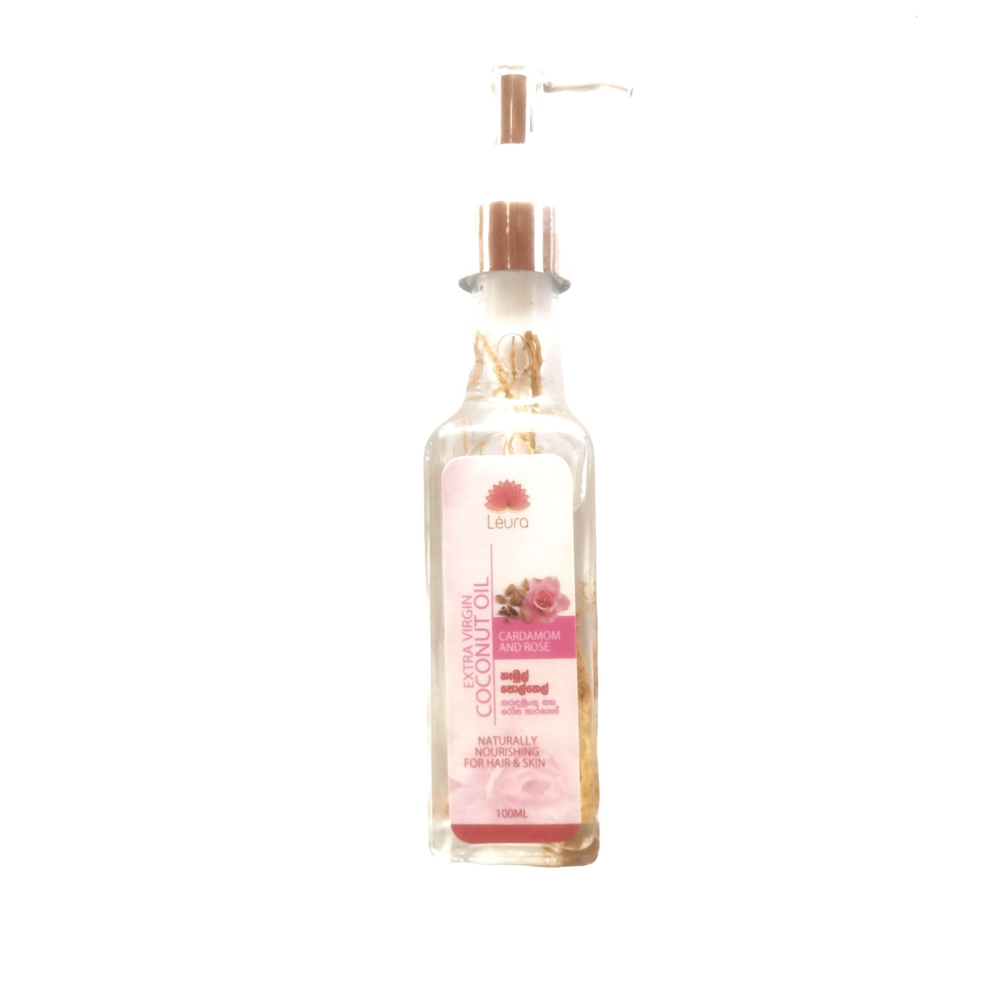 leura-cardamom-rose-hair-oil-100ml.jpg: Leura Cardamom Rose Hair Oil and Moisturizer 100ml bottle.