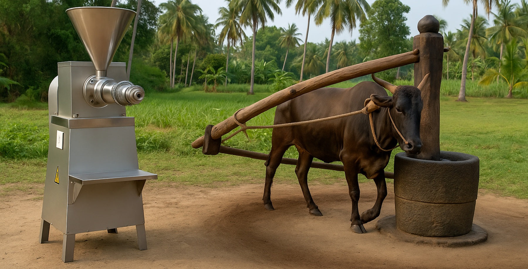 Side-by-side comparison of a traditional Sekkuwa (Chekku) and a modern stainless steel cold press expeller, illustrating the evolution of Virgin Coconut Oil extraction.